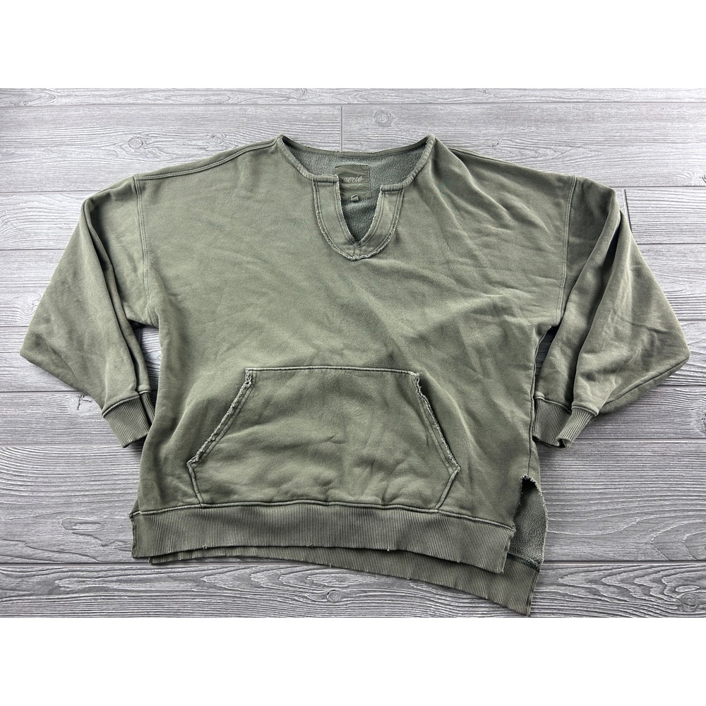 Aerie Olive Green Notched V-Neck Oversized Sweatshirt Side Slit French Terry M